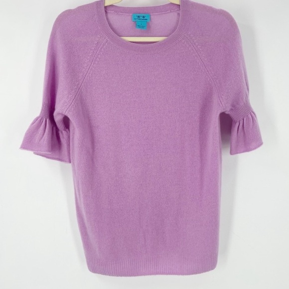 Two Bees Cashmere Purple Pink Sweater Short Ruffle Sleeve Top Womens Large - Picture 1 of 6